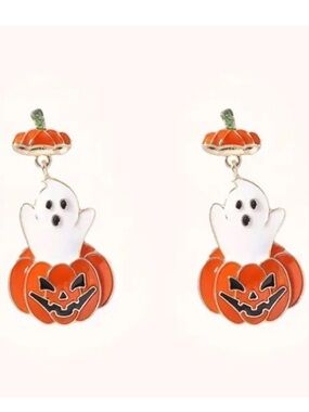 Peek A Boo Ghost in Pumpkin Jack O Lantern Halloween Stud Earrings